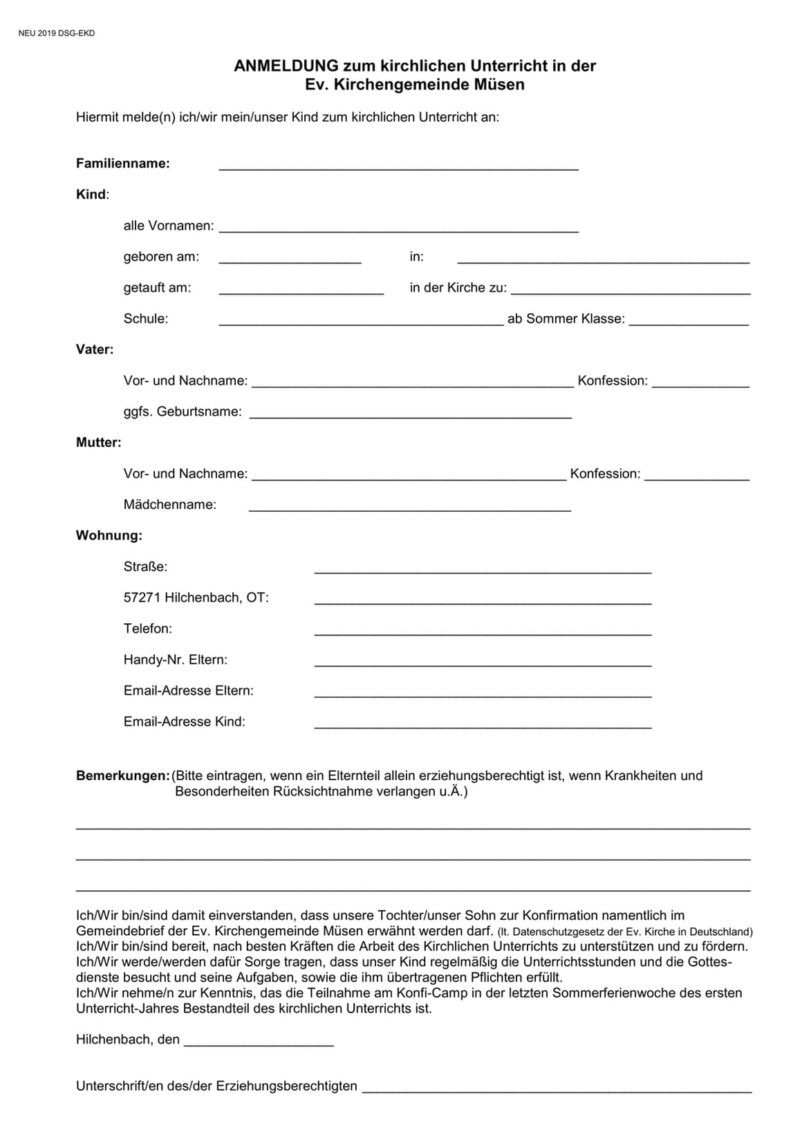 Anmeldeformular für den Katechumenenunterricht